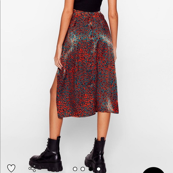 Satin Animal Print Slit Midi Skirt - Picture 4 of 6